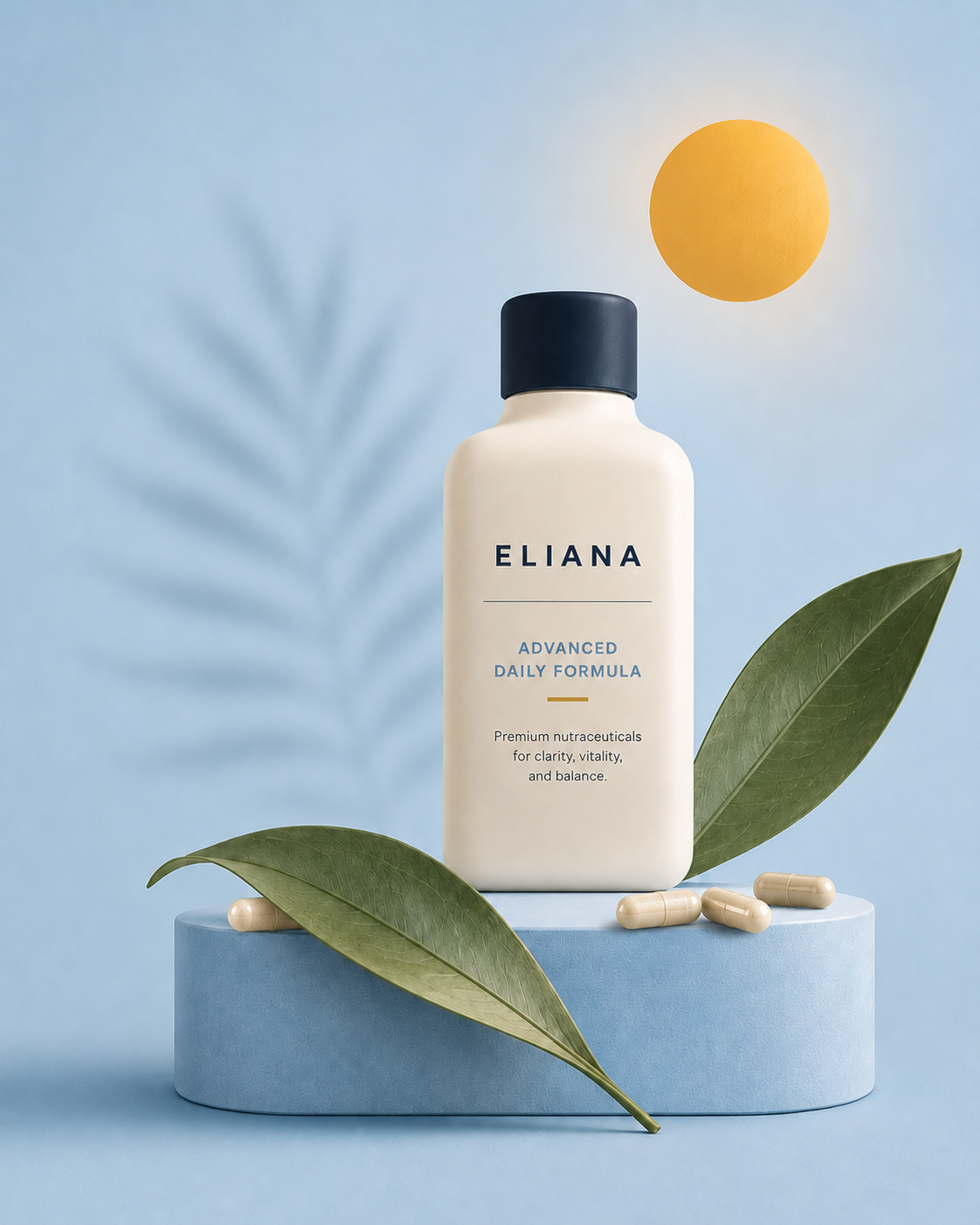 Eliana Advanced Daily Formula bottle on a blue plinth with botanical leaves